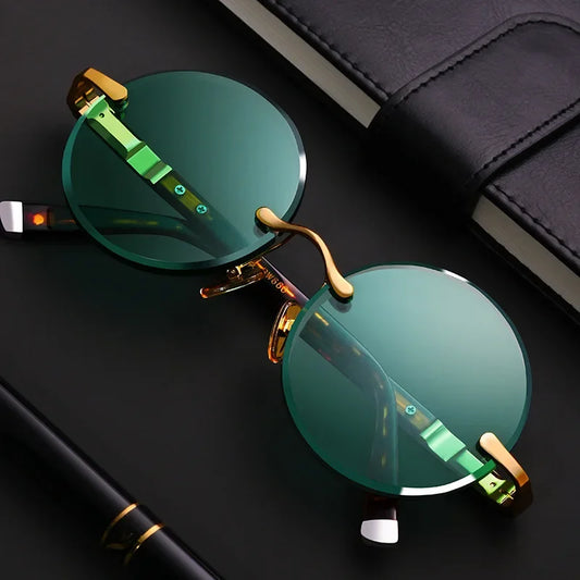 Fashion Classic Rimless Sunglasses Women Men Crystal Dark Green Lens Sun Glasses Retro Round Glasses Outdoor Driving Eyeglasses